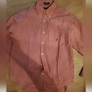 Nautica Red White Striped Gingham Casual Button Down Longsleeves Shirt Size M
